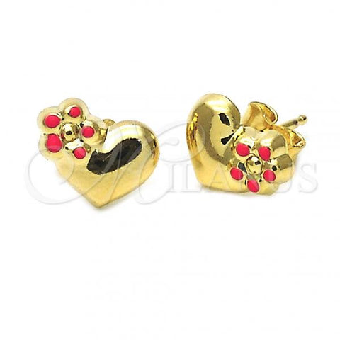 Oro Laminado Stud Earring, Gold Filled Style Heart and Flower Design, Pink Enamel Finish, Golden Finish, 02.16.0092