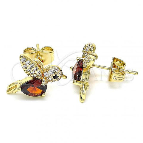 Oro Laminado Stud Earring, Gold Filled Style Bird Design, with Garnet and White Micro Pave, Polished, Golden Finish, 02.210.0404.2