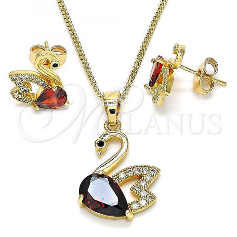 Oro Laminado Earring and Pendant Adult Set, Gold Filled Style Swan Design, with Garnet Cubic Zirconia and White Micro Pave, Polished, Golden Finish, 10.210.0126.2