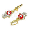 Oro Laminado Dangle Earring, Gold Filled Style Hand of God Design, with White Crystal, Red Enamel Finish, Golden Finish, 02.380.0084.1