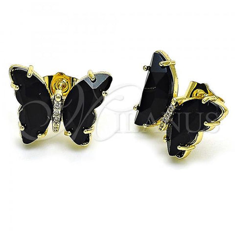 Oro Laminado Stud Earring, Gold Filled Style Butterfly Design, with Jet Crystal and White Micro Pave, Polished, Golden Finish, 02.341.0055.5