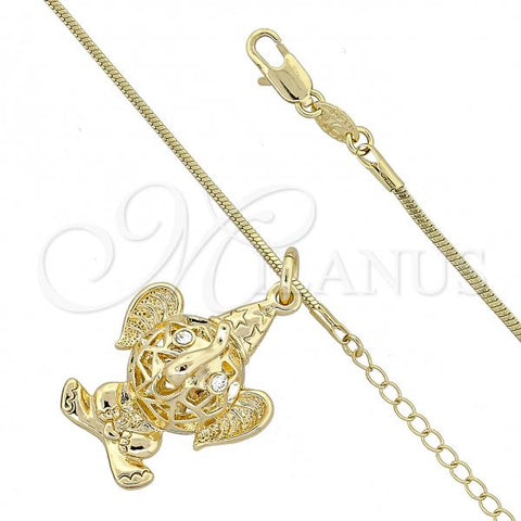 Oro Laminado Pendant Necklace, Gold Filled Style Elephant and Rat Tail Design, with White Crystal, Polished, Golden Finish, 04.63.0204