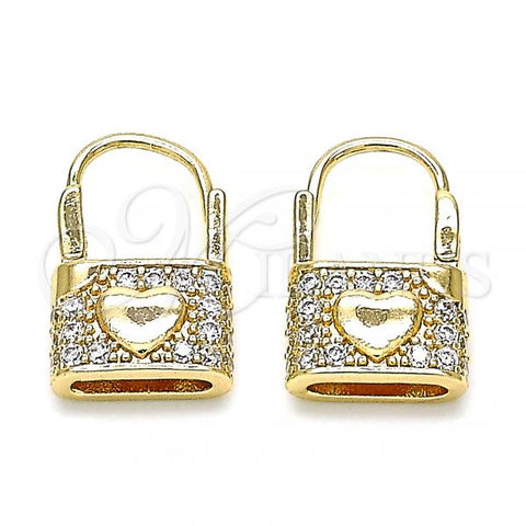 Oro Laminado Huggie Hoop, Gold Filled Style Lock and Heart Design, with White Cubic Zirconia, Polished, Golden Finish, 02.210.0525.10
