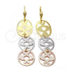 Oro Laminado Long Earring, Gold Filled Style Heart and Flower Design, Diamond Cutting Finish, Tricolor, 5.115.015