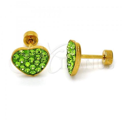 Stainless Steel Stud Earring, Heart Design, with Light Green Crystal, Polished, Golden Finish, 02.271.0022.4