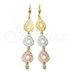 Oro Laminado Long Earring, Gold Filled Style Filigree Design, with White Cubic Zirconia, Diamond Cutting Finish, Tricolor, 5.069.009