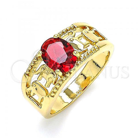 Oro Laminado Multi Stone Ring, Gold Filled Style Elephant Design, with Garnet Cubic Zirconia, Polished, Golden Finish, 01.284.0039.1.09