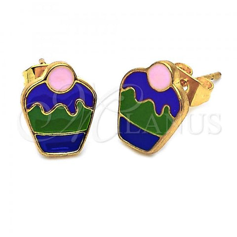 Oro Laminado Stud Earring, Gold Filled Style Cupcake Design, Green Enamel Finish, Golden Finish, 5.126.074 *PROMO*