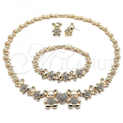 Oro Laminado Necklace, Bracelet and Earring, Gold Filled Style Teddy Bear and Heart Design, with White Crystal, Polished, Golden Finish, 06.372.0037