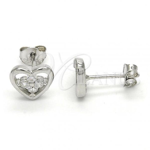 Sterling Silver Stud Earring, Heart and Flower Design, with White Cubic Zirconia, Polished,, 02.285.0054