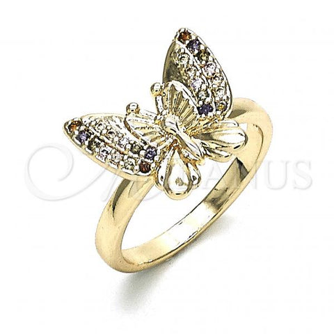 Oro Laminado Multi Stone Ring, Gold Filled Style Butterfly Design, with Multicolor Micro Pave, Polished, Golden Finish, 01.284.0070.1.07