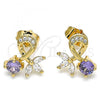 Oro Laminado Stud Earring, Gold Filled Style Leaf Design, with Amethyst Cubic Zirconia, Polished, Golden Finish, 02.387.0009.1