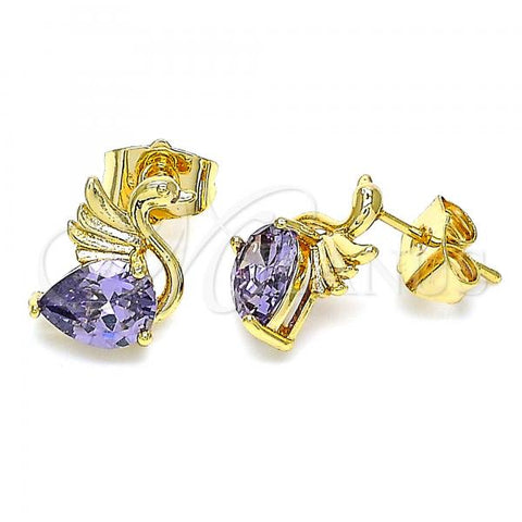 Oro Laminado Stud Earring, Gold Filled Style Swan Design, with Amethyst Cubic Zirconia, Polished, Golden Finish, 02.387.0031.2