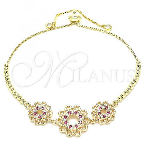 Oro Laminado Adjustable Bolo Bracelet, Gold Filled Style Flower Design, with Ruby and White Cubic Zirconia, Polished, Golden Finish, 03.233.0021.1.12