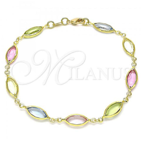 Oro Laminado Fancy Anklet, Gold Filled Style with Multicolor Cubic Zirconia, Polished, Golden Finish, 03.386.0004.10