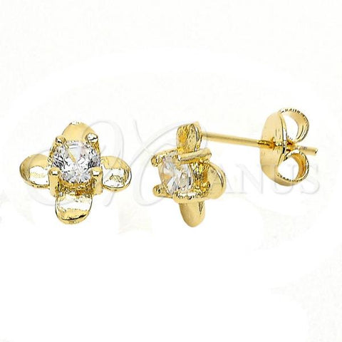 Oro Laminado Stud Earring, Gold Filled Style Flower Design, with White Cubic Zirconia, Polished, Golden Finish, 02.165.0155