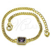 Oro Laminado Fancy Bracelet, Gold Filled Style Miami Cuban Design, with Amethyst Cubic Zirconia and White Micro Pave, Polished, Golden Finish, 03.213.0164.4.07