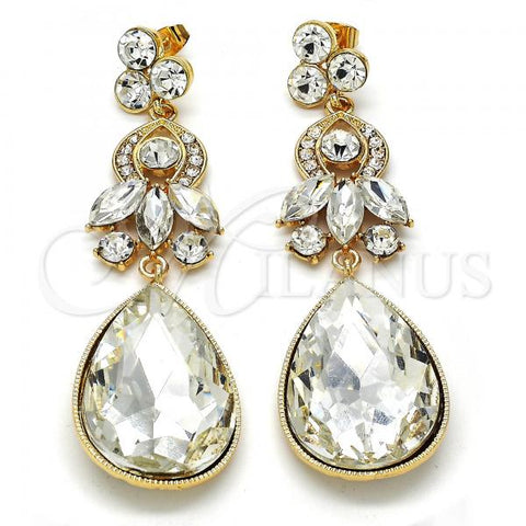 Oro Laminado Long Earring, Gold Filled Style Leaf and Teardrop Design, with White Cubic Zirconia and White Crystal, Polished, Golden Finish, 02.268.0049.1