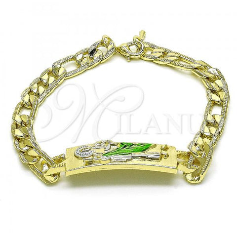 Oro Laminado Fancy Bracelet, Gold Filled Style San Judas and Pave Figaro Design, Polished, Tricolor, 03.351.0162.1.08