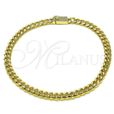 Oro Laminado Basic Anklet, Gold Filled Style Miami Cuban Design, with White Micro Pave, Polished, Golden Finish, 03.213.0241.10