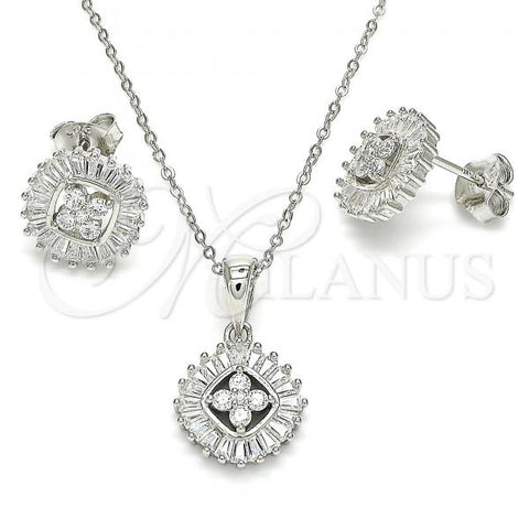 Sterling Silver Earring and Pendant Adult Set, Flower Design, with White Cubic Zirconia, Polished, Rhodium Finish, 10.286.0040