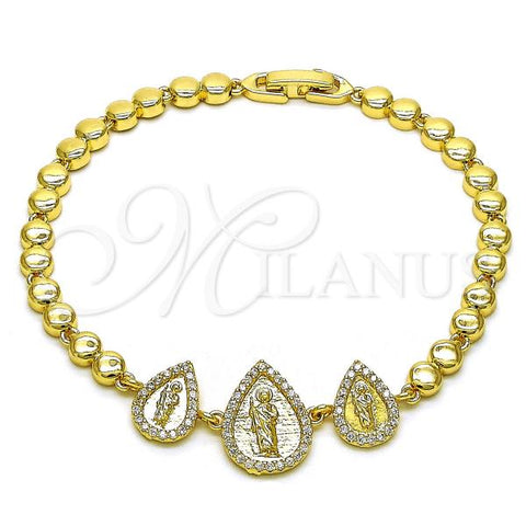 Oro Laminado Fancy Bracelet, Gold Filled Style Teardrop and San Judas Design, with White Micro Pave, Polished, Golden Finish, 03.284.0031.08