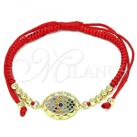 Oro Laminado Adjustable Bolo Bracelet, Gold Filled Style Evil Eye and Ball Design, with Multicolor Micro Pave, Polished, Golden Finish, 03.299.0101.12
