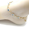 Oro Laminado Fancy Anklet, Gold Filled Style Evil Eye Design, White Enamel Finish, Golden Finish, 03.213.0018.1.10