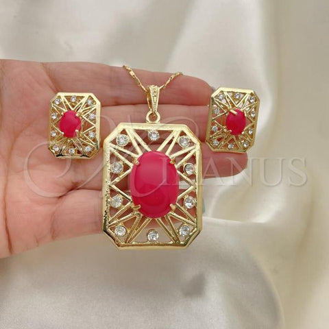 Oro Laminado Earring and Pendant Adult Set, Gold Filled Style with Ruby Opal and White Crystal, Resin Finish, Golden Finish, 10.262.0007.3