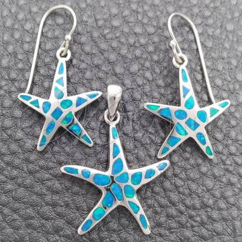 Sterling Silver Earring and Pendant Adult Set, Star Design, with Bermuda Blue Opal, Polished, Silver Finish, 10.391.0028