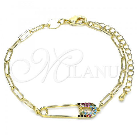 Oro Laminado Fancy Bracelet, Gold Filled Style Paperclip Design, with Multicolor Micro Pave, Polished, Golden Finish, 03.313.0035.1.07