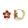 Oro Laminado Huggie Hoop, Gold Filled Style Flower and Star Design, with Garnet Cubic Zirconia, Polished, Golden Finish, 02.210.0611.12
