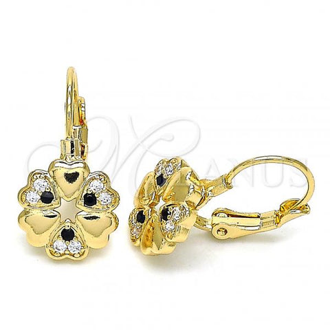 Oro Laminado Leverback Earring, Gold Filled Style Flower and Heart Design, with Black and White Micro Pave, Polished, Golden Finish, 02.210.0382.2