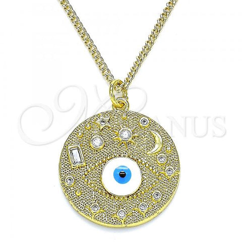 Oro Laminado Pendant Necklace, Gold Filled Style Evil Eye and Sun Design, with White Cubic Zirconia, White Enamel Finish, Golden Finish, 04.362.0023.20