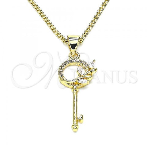 Oro Laminado Pendant Necklace, Gold Filled Style key and Leaf Design, with White Micro Pave and White Cubic Zirconia, Polished, Golden Finish, 04.156.0433.20