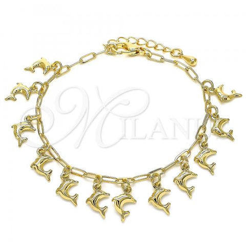 Oro Laminado Charm Bracelet, Gold Filled Style Dolphin and Paperclip Design, Polished, Golden Finish, 03.372.0017.08