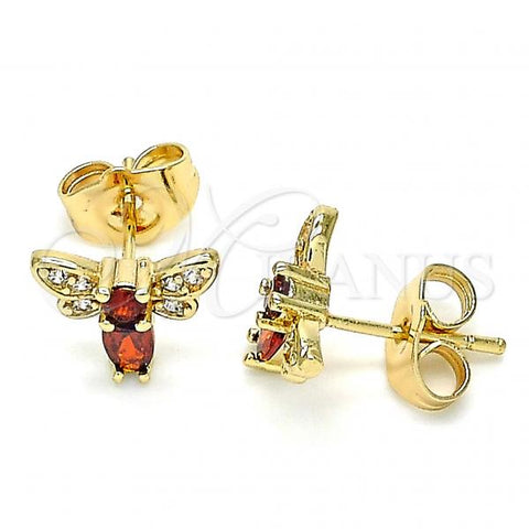 Oro Laminado Stud Earring, Gold Filled Style Bee Design, with Garnet Cubic Zirconia and White Micro Pave, Polished, Golden Finish, 02.210.0369.1