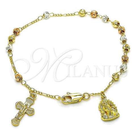 Oro Laminado Charm Bracelet, Gold Filled Style Jesus and Crucifix Design, Diamond Cutting Finish, Tricolor, 03.253.0088.08