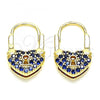 Oro Laminado Small Hoop, Gold Filled Style Lock and Heart Design, with Sapphire Blue Micro Pave, Polished, Golden Finish, 02.341.0056.2.12