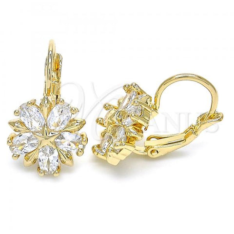 Oro Laminado Leverback Earring, Gold Filled Style Flower and Star Design, with White Cubic Zirconia, Polished, Golden Finish, 02.210.0218