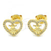 Oro Laminado Stud Earring, Gold Filled Style Heart and Little Girl Design, with White Micro Pave, Polished, Golden Finish, 02.156.0331