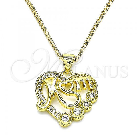 Oro Laminado Pendant Necklace, Gold Filled Style Mom and Heart Design, with White Micro Pave and White Cubic Zirconia, Polished, Golden Finish, 04.341.0095.20