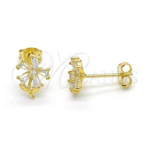 Sterling Silver Stud Earring, Flower Design, with White Cubic Zirconia, Polished, Golden Finish, 02.285.0064