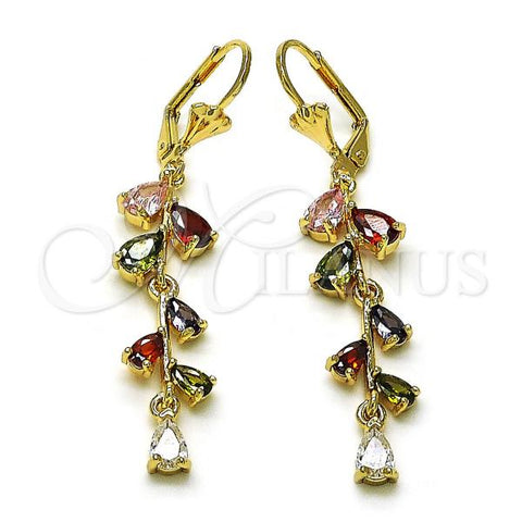 Oro Laminado Long Earring, Gold Filled Style Leaf Design, with Multicolor Cubic Zirconia, Polished, Golden Finish, 02.210.0840.1