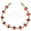 Oro Laminado Fancy Bracelet, Gold Filled Style Evil Eye Design, with White Cubic Zirconia, Red Resin Finish, Golden Finish, 03.151.0003