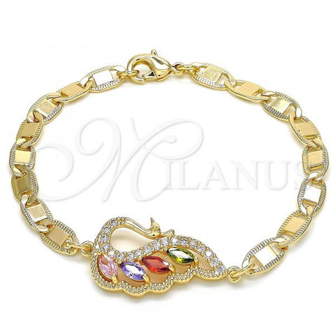 Oro Laminado Fancy Bracelet, Gold Filled Style Peacock Design, with Multicolor Cubic Zirconia, Polished, Golden Finish, 03.63.2125.2.07