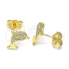 Oro Laminado Stud Earring, Gold Filled Style Dolphin Design, with White Micro Pave, Polished, Golden Finish, 02.156.0586