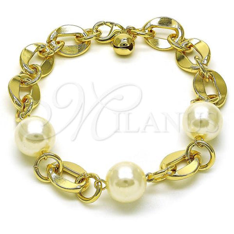 Oro Laminado Fancy Bracelet, Gold Filled Style Chunky Design, with Ivory Pearl, Polished, Golden Finish, 03.331.0312.09