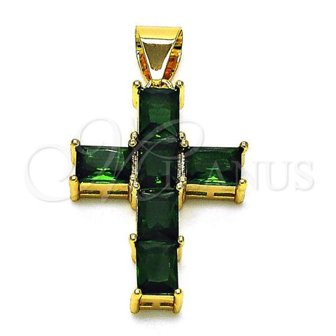 Oro Laminado Religious Pendant, Gold Filled Style Cross Design, with Green Cubic Zirconia, Polished, Golden Finish, 05.342.0184
