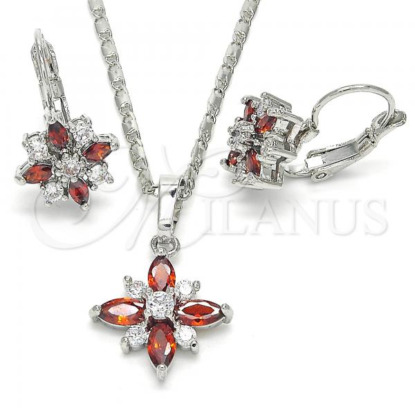 Rhodium Plated Earring and Pendant Adult Set, Flower Design, with Garnet and White Cubic Zirconia, Polished, Rhodium Finish, 10.210.0105.5